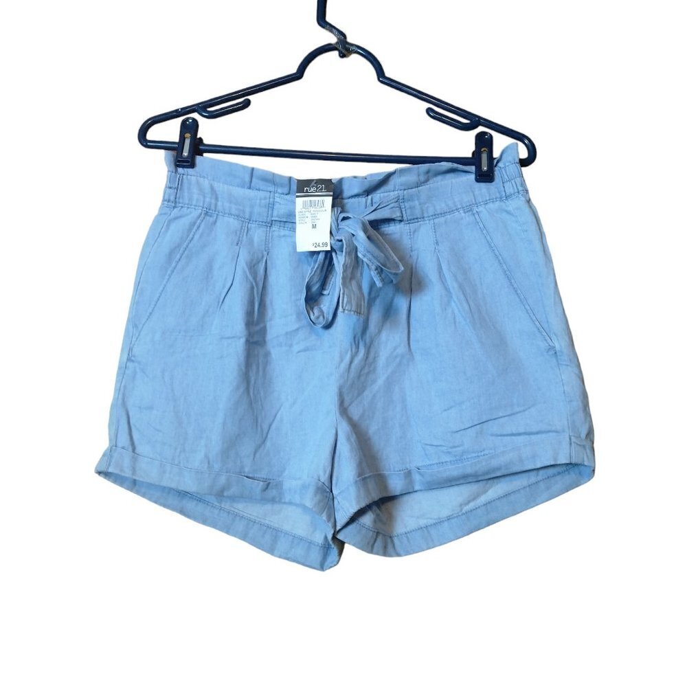 Almost Famous Women's Medium Blue Chambray Paper Bag Waist Shorts Casual Comfy